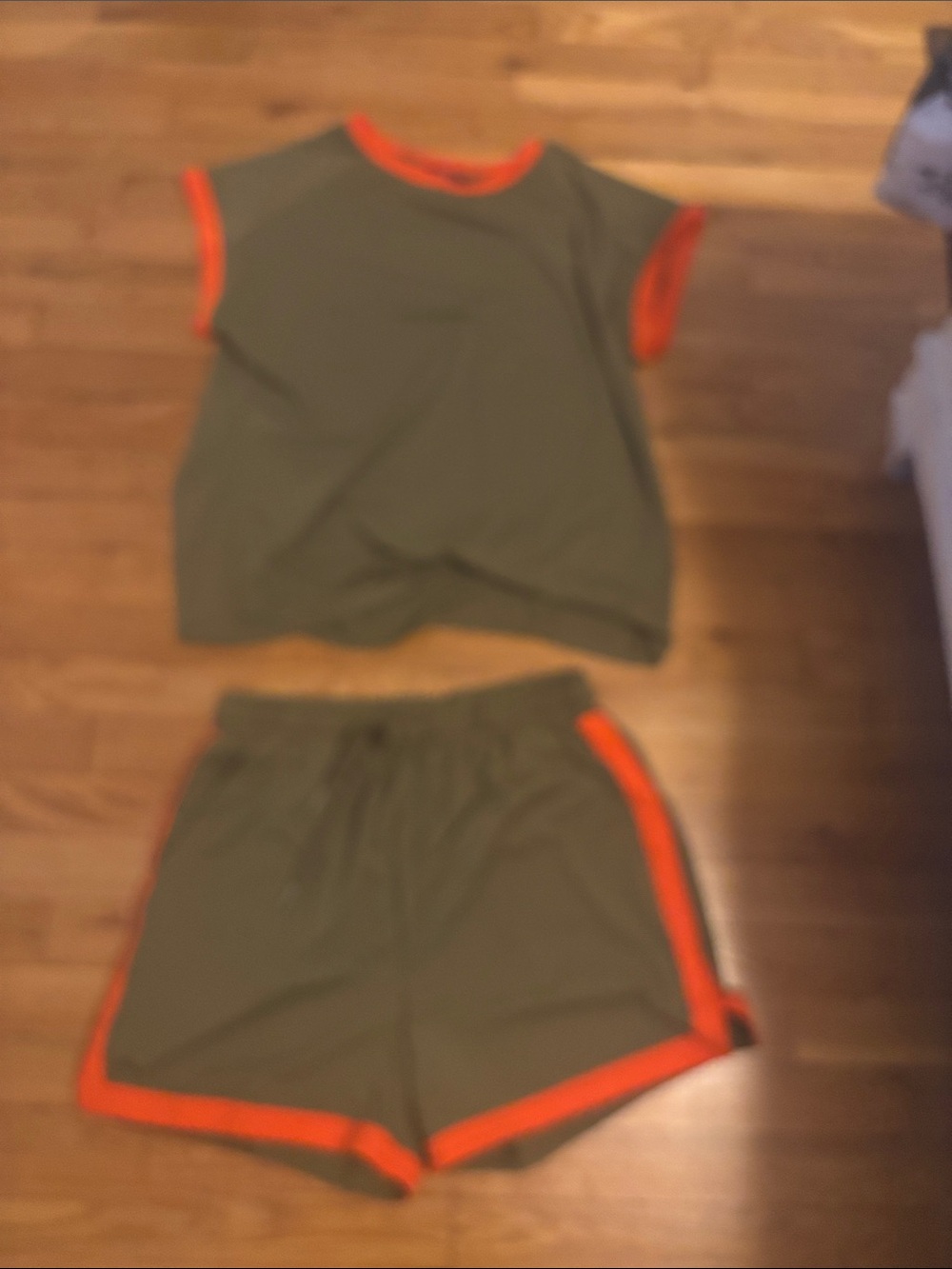 Olive Green Women's Shorts with Orange Trim - Casual Athletic Set